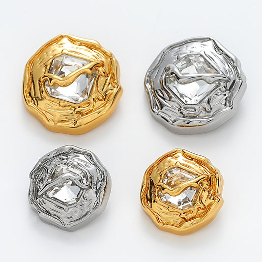 Wrinkled Surface Diamond-Inlaid Gold Silver Metal Button 10pcs