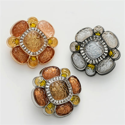 High-End Floral Diamond-Inlaid Resin Metal Button with Handle 3pcs