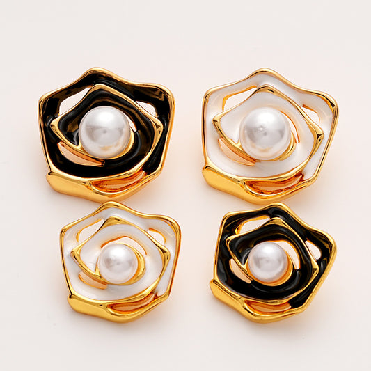 Gold Hollow Enamel Irregular Camellia Pearl Metal Button 5pcs