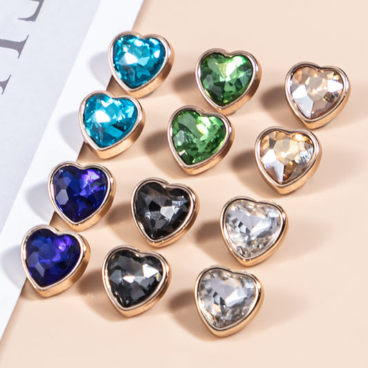 10mm Heart-Shaped Crystal Glass and Metal Shirt Buttons 35 Pack