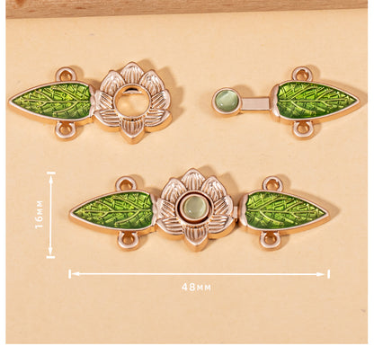 Chinese Style Cat's Eye Stone Green Leaf Hanfu Metal Lock Button 10pcs