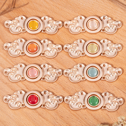 Chinese Antique Cloud Cat's Eye Stone Metal Buttons 8 Pack