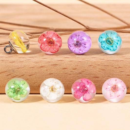 Bouton en perles transparentes de fleurs séchées en résine chinoise - Pack de 8