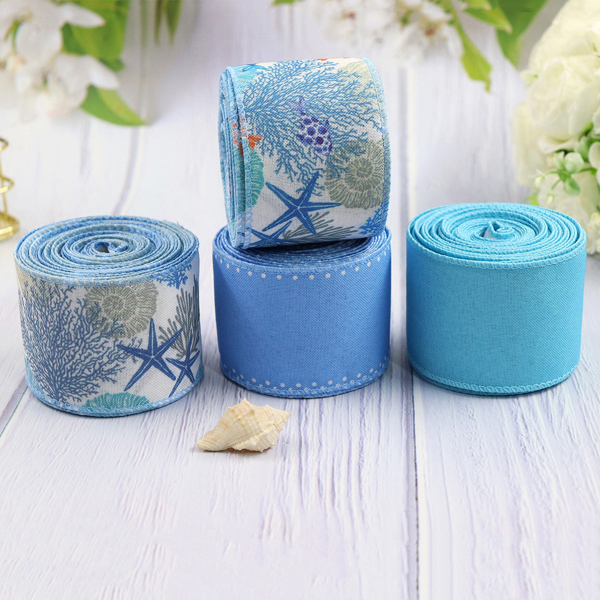 63mm/2.5 Inch Blue Coral Reef Grosgrain Ribbon with Wire Edge 4 Pack