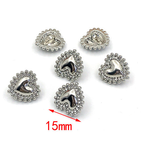 Boutons en métal en forme de cœur argenté brillant de 15 mm, 20 pièces