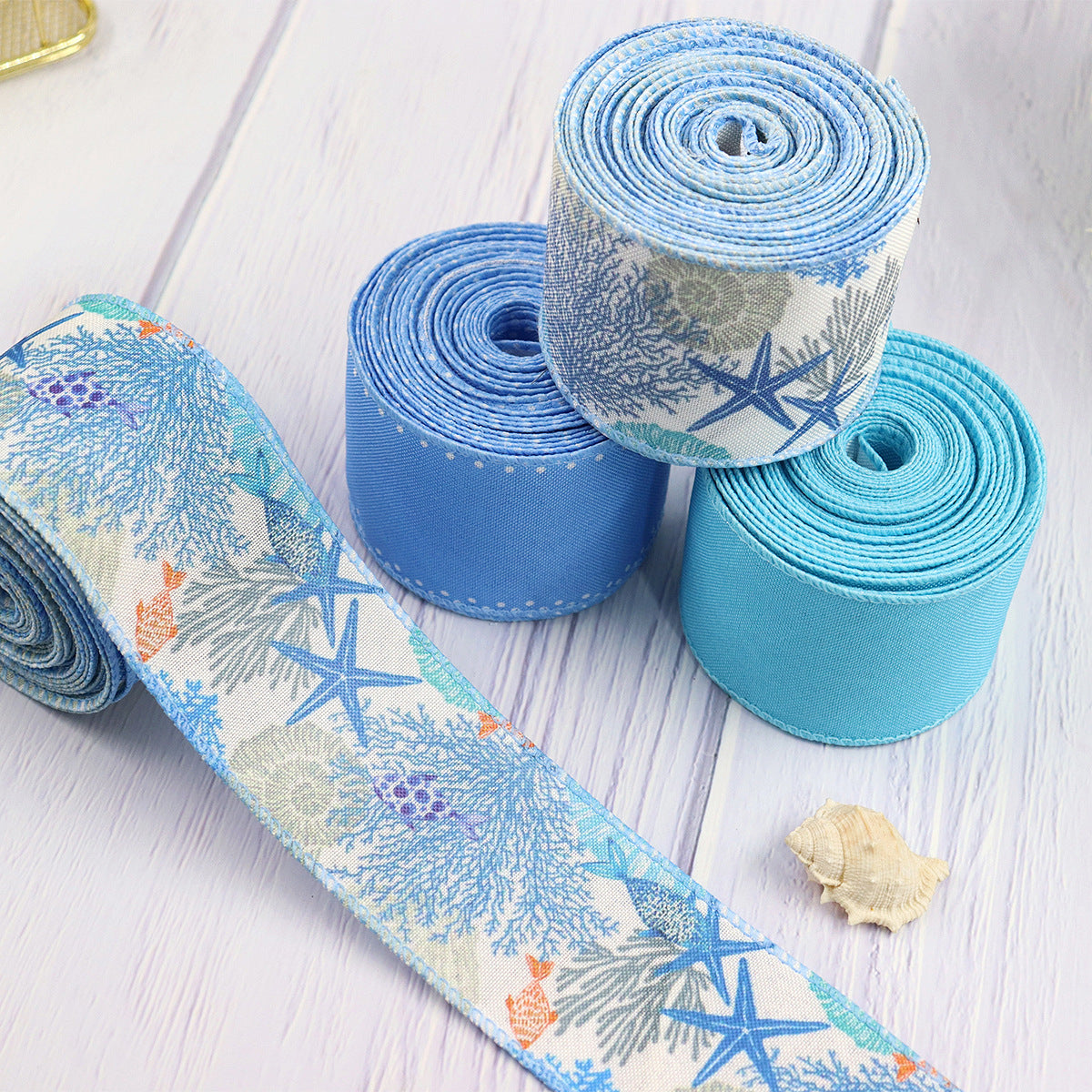 63mm/2.5 Inch Blue Coral Reef Grosgrain Ribbon with Wire Edge 4 Pack