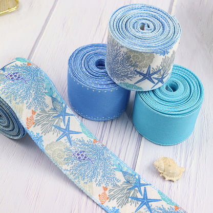 63mm/2.5 Inch Blue Coral Reef Grosgrain Ribbon with Wire Edge 4 Pack