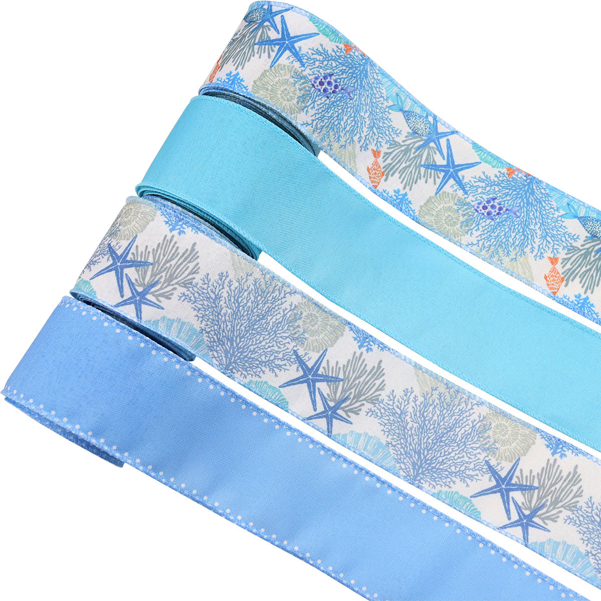 63mm/2.5 Inch Blue Coral Reef Grosgrain Ribbon with Wire Edge 4 Pack