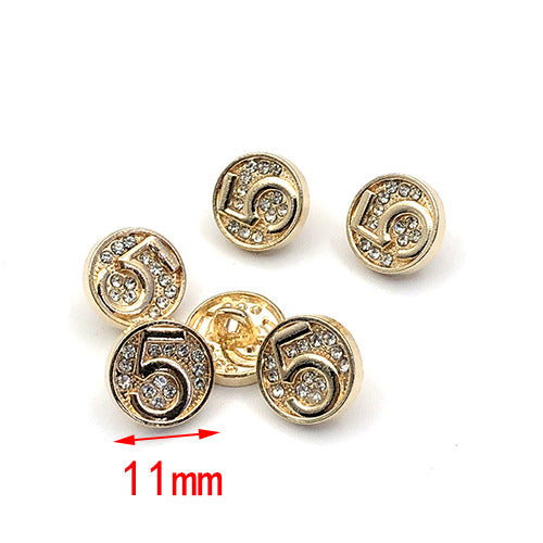 11mm Gold Round Number 5 Rhinestone Metal Shank Buttons 20pcs