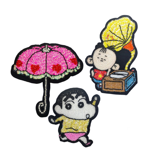 Grand Applique Crayon Shinchan - Patch en Strass et Sequins Perlés à la Main