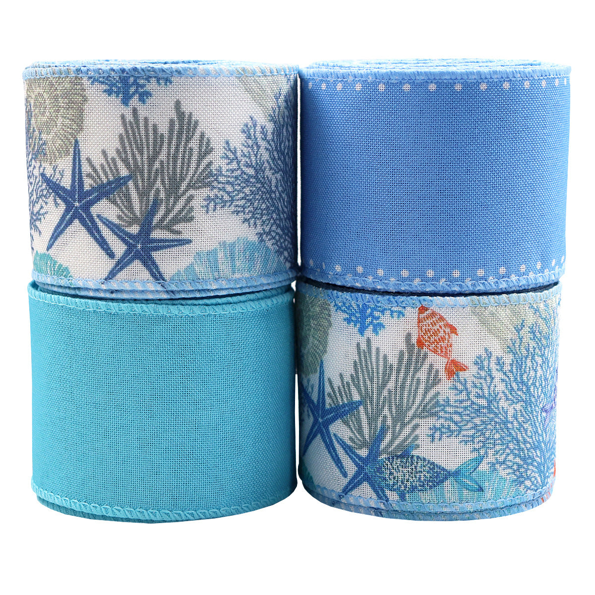 63mm/2.5 Inch Blue Coral Reef Grosgrain Ribbon with Wire Edge 4 Pack