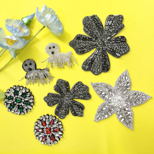 Silver Beaded Flower and Dog Fabric Patches 7 Pack