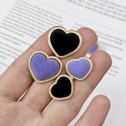 Purple & Black Flocked White-Edge Heart Metal Buttons 20pcs