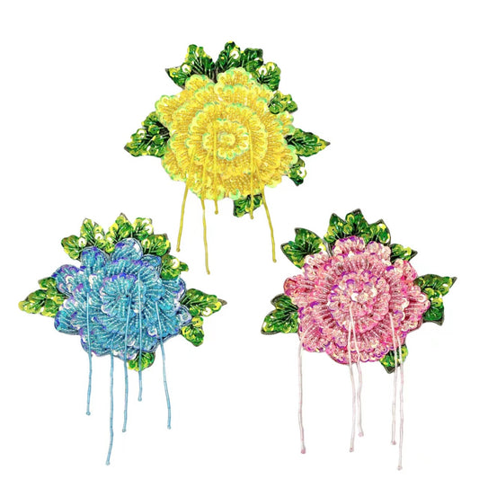 Wateroplosbare Bloem Geborduurde Patches Kralen Pailletten Parels 3-Pack