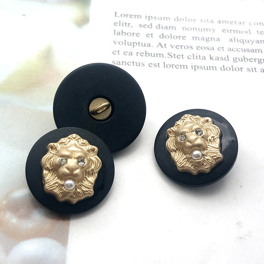 Botones de perlas con rhinestones en forma de cabeza de león negro de 25 mm para cárdigans de punto, 20 piezas