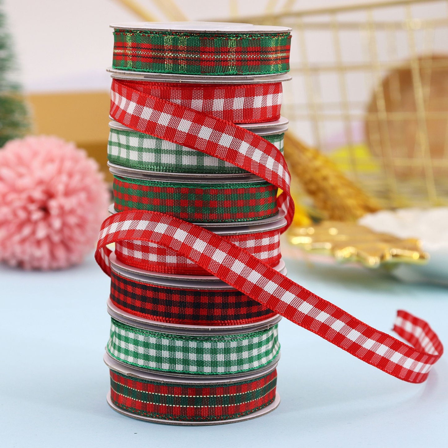 10mm Christmas Knit Ribbon with Plaid Design 8 Pack