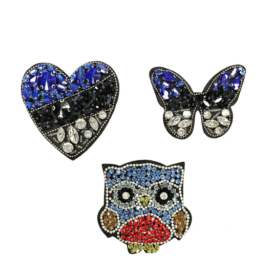 Deep Blue Handcrafted Beaded Heart Owl Fabric Patches 3 Pack