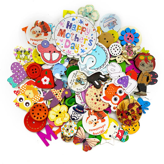 100 Piece Colorful Cartoon Baby DIY Craft Wooden Buttons