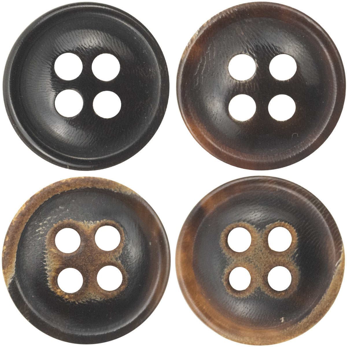 Boutons de chemise en corne noire à quatre yeux avec bords brûlés de 11,5 mm - Paquet de 24