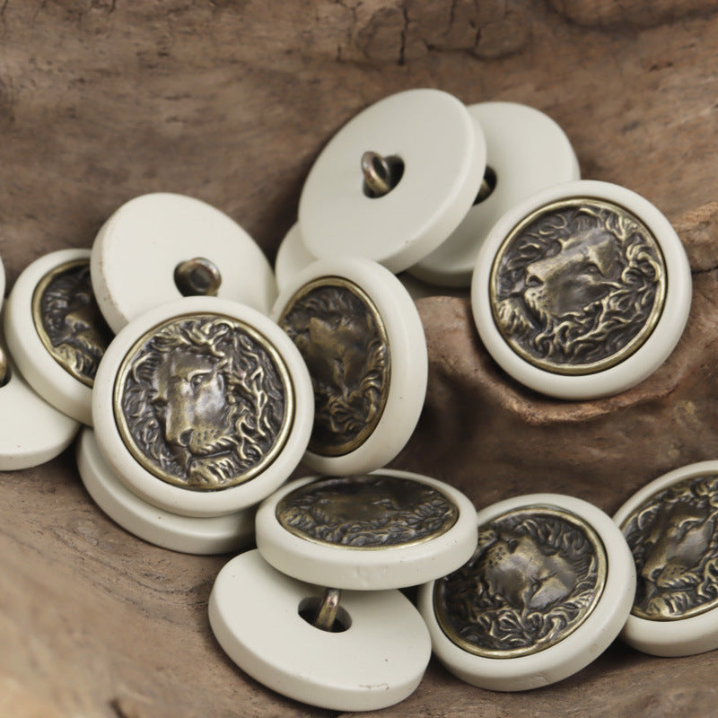 Round Resin Button with Inlaid Bronze-Colored Lion King Metal Pattern 10pcs