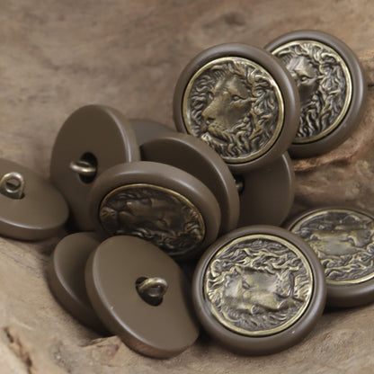 Round Resin Button with Inlaid Bronze-Colored Lion King Metal Pattern 10pcs