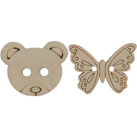 Bear/Butterfly Natural Two-Hole Wooden Buttons in Log Color 50pcs