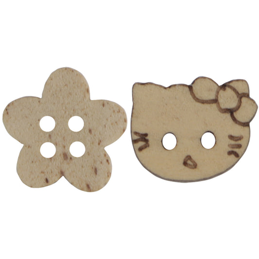 Cute Little Flower & Kitty Cat Wooden Buttons 30pcs