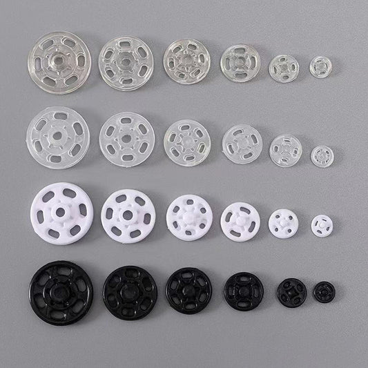 Boutons-pression en nylon ronds noirs, blancs et transparents de 7 à 20 mm, pack de 140 (7 tailles mélangées)