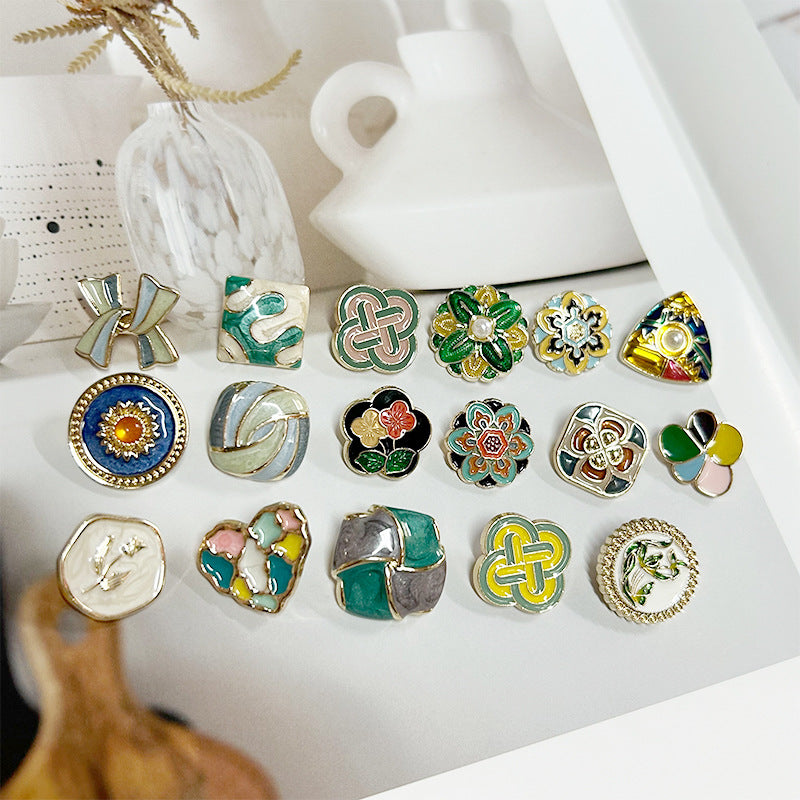 Boutons en émail de style vintage avec art de peinture à l'huile pour manteaux, pack de 17