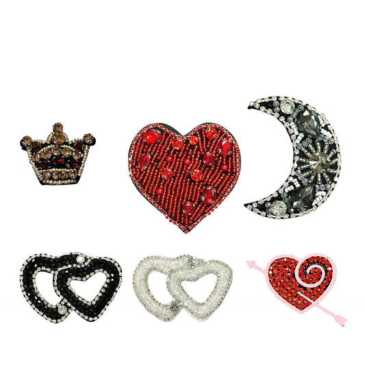 Glittering Sequin Bead Embroidered Patches Moon,Crown,Heart 6 Pack