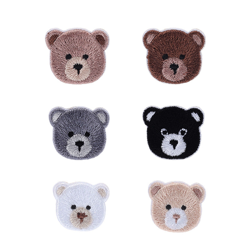 Patch en tête d'ours en peluche auto-adhésif de 20 mm pour vêtements, pack de 6