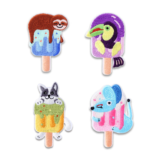 Whimsical Self-Adhesive Animal & Ice Pop Embroidered Patches 4 Pack