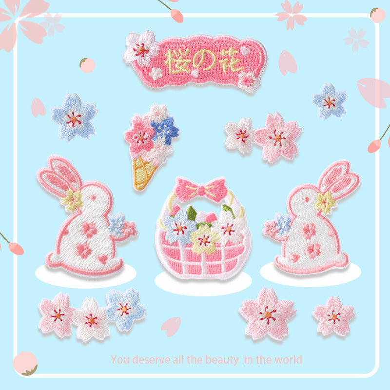 Patches brodés autocollants en forme de lapin rose Sakura 10PCS