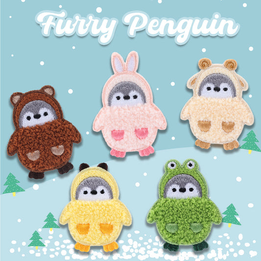 Adoráveis Patches Bordados de Pinguim Peludo Auto-Adesivos 5 Pacote