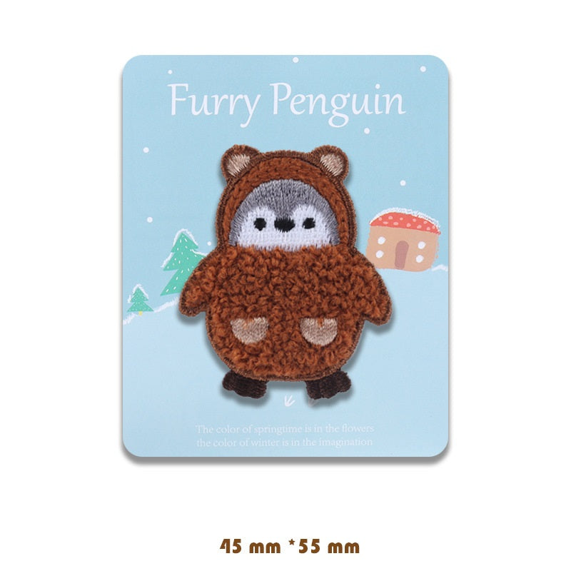 Adoráveis Patches Bordados de Pinguim Peludo Auto-Adesivos 5 Pacote