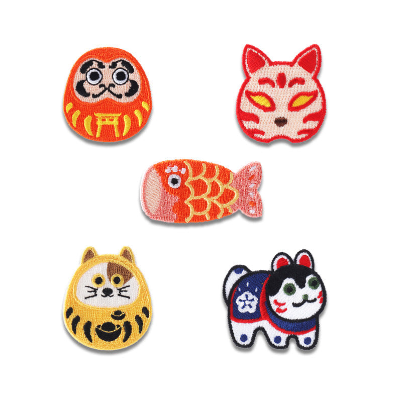 Patches Bordados Daruma Estilo Japonês Auto-Adesivos 5 Unidades