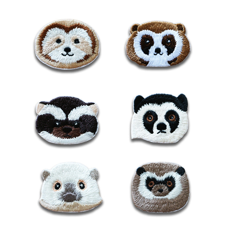 Self-Adhesive Animal Head Embroidered Patches: Raccoon & Sloth 6PCS