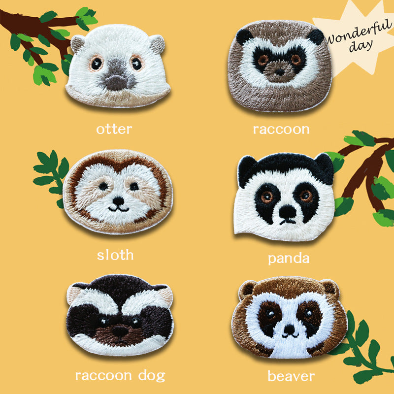 Self-Adhesive Animal Head Embroidered Patches: Raccoon & Sloth 6PCS