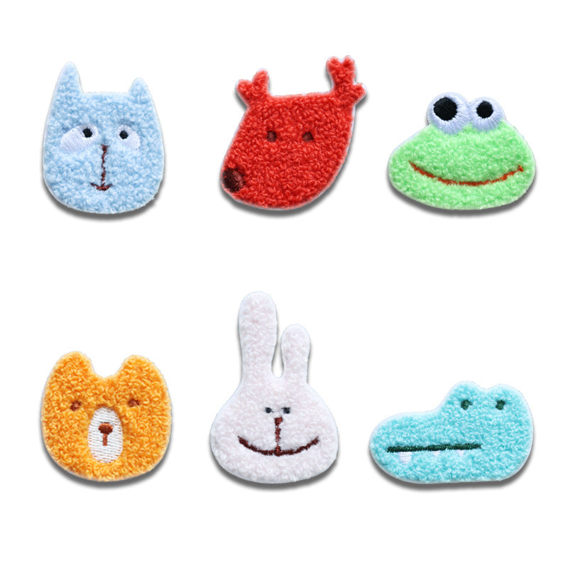 Self-Adhesive Plush Cartoon Animal Head Embroidered Patches 6 Pack