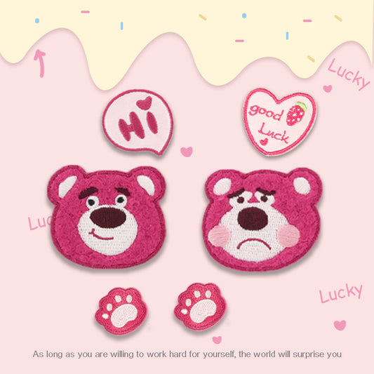 Conjunto de 5 Patches Bordados Auto-Adesivos de Cabeça e Pata de Urso Morango Rosa