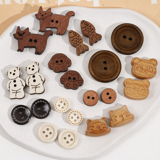 Wooden Small Panda and Fish Round Two-hole Buttons 20 Pack(10 Styles)