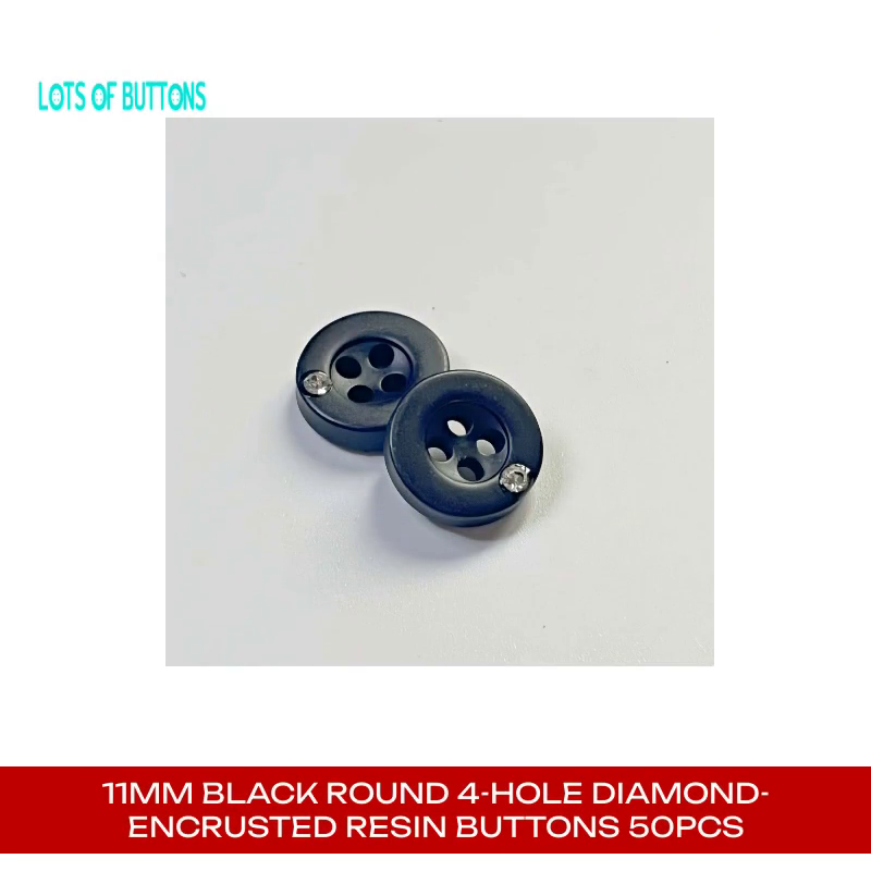 11mm Black Round 4-Hole Diamond-Encrusted Resin Buttons 50pcs by@Outfy